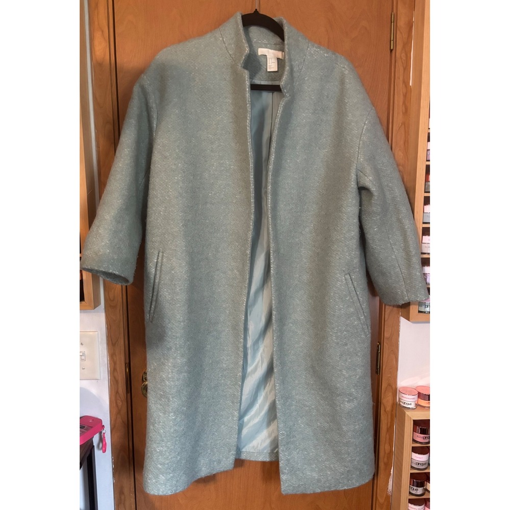 HM Sea Foam Textured Open Front Stand Collar 3/4 Overcoat Long Jacket Size 8